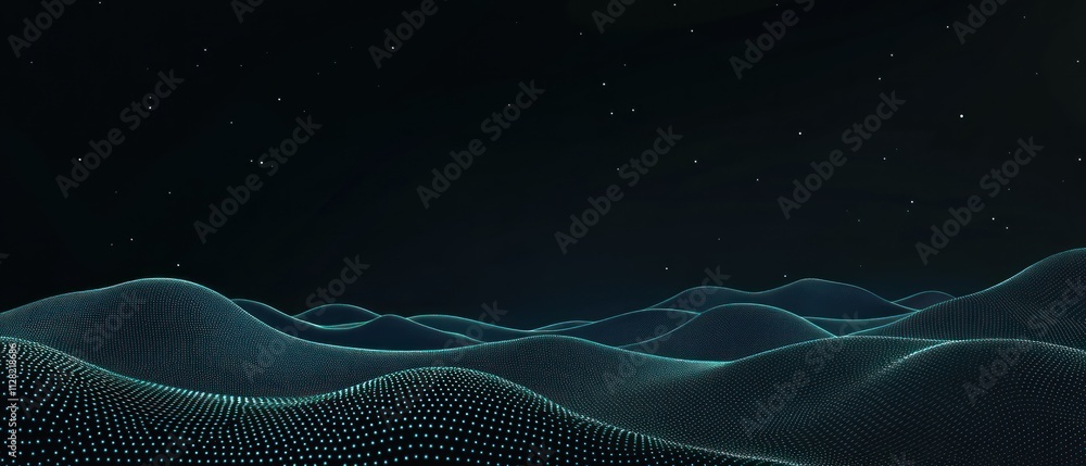 Poster abstract digital landscape with flowing waves and starry background.