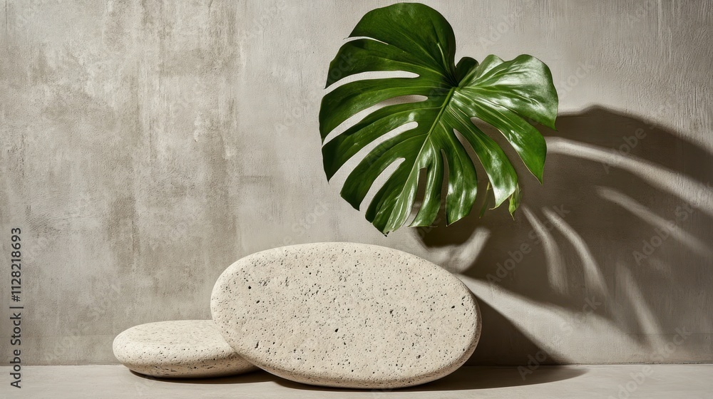 Aufkleber a minimalist arrangement featuring stone-like objects and a large green leaf against a textured wall