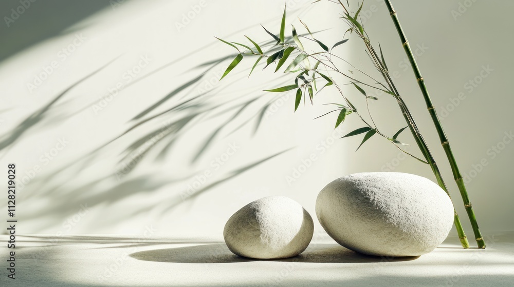 Poster a serene composition featuring smooth stones and bamboo against a minimalist backdrop.