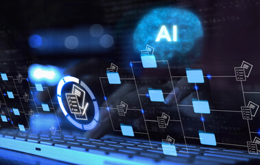 Businesswoman Using Ai artificial intelligence on laptop to document management concept, online...