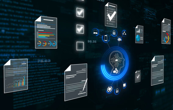 Ai artificial intelligence,Document management concept, Businesswomen check electronic documents on digital documents on virtual screen Document Management System