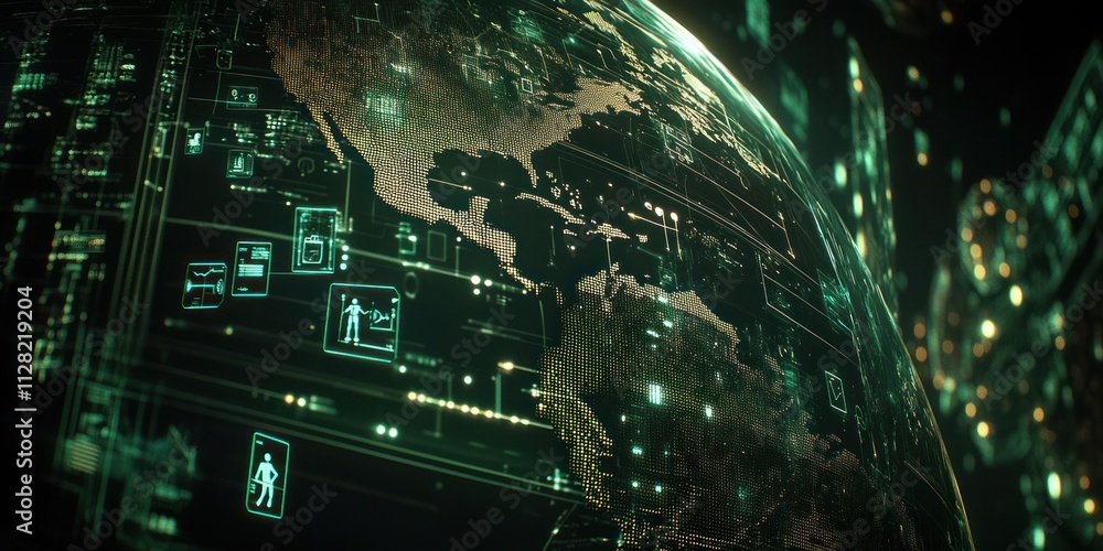 Poster A digital representation of Earth with data overlays, showcasing technology and connectivity.