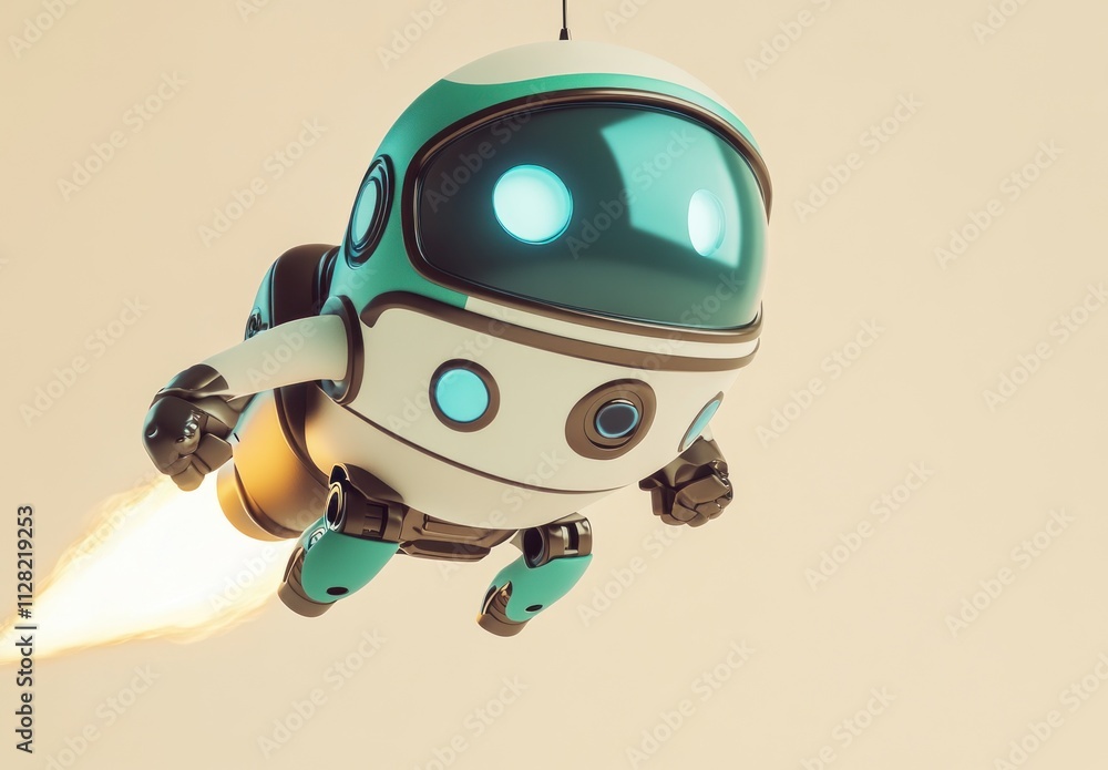 Poster a cute robot astronaut flying with jet propulsion, showcasing a playful design and adventure.