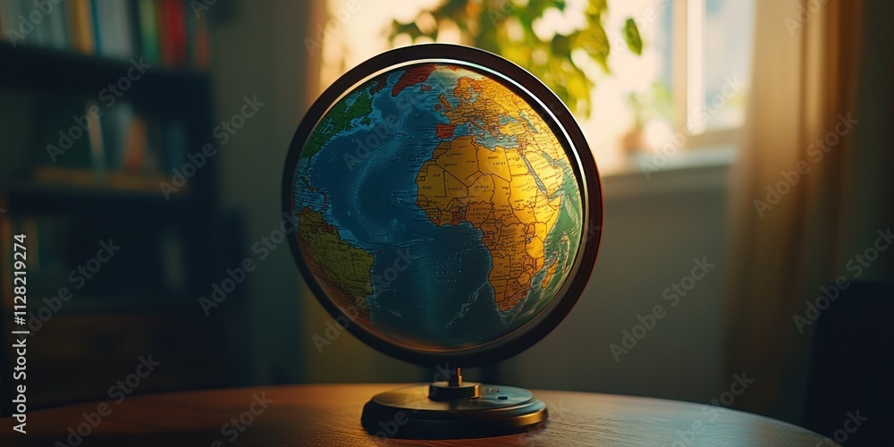 Aufkleber a globe on a table, illuminated by soft light, showcasing the continents and oceans.