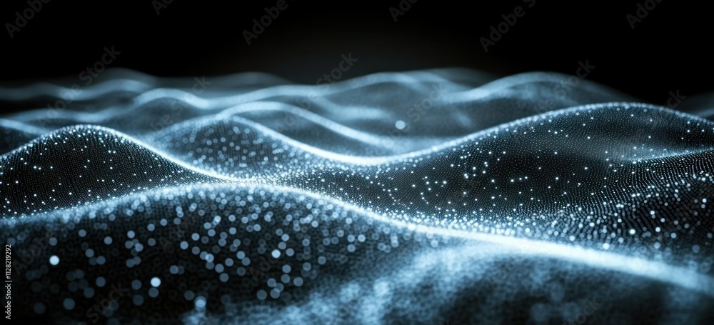 Aufkleber Abstract representation of flowing waves with luminous particles against a dark background.