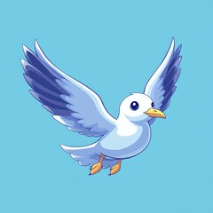 Obraz premium Cute cartoon seagull in flight against a light blue background.