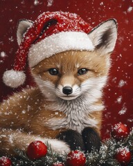 Christmas-Themed Cream Colored Fox in Santa Hat Festive Setting Digital Artwork Holiday Atmosphere Close-Up Winter Wonderland