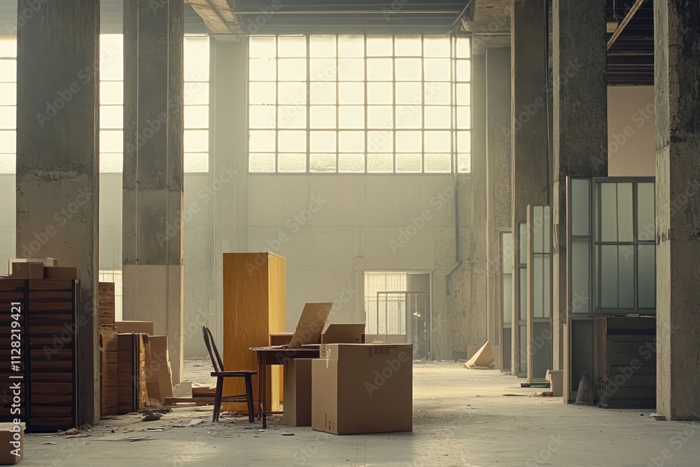 Poster a sparse industrial space with furniture and boxes, suggesting a transition or relocation.
