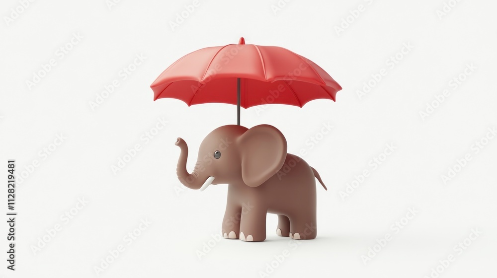 Poster a cute elephant stands under a red umbrella, creating a whimsical and playful scene.
