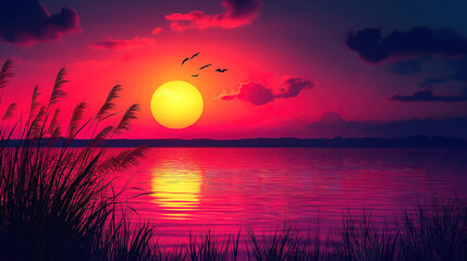 Vibrant Sunset Over Water with Silhouetted Grass. A dramatic sunset over a tranquil lake, featuring a vibrant mix of fiery reds, purples, and oranges.
