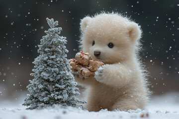 a baby polar bear  opening Christmas presents around a snowy Christmas tree .