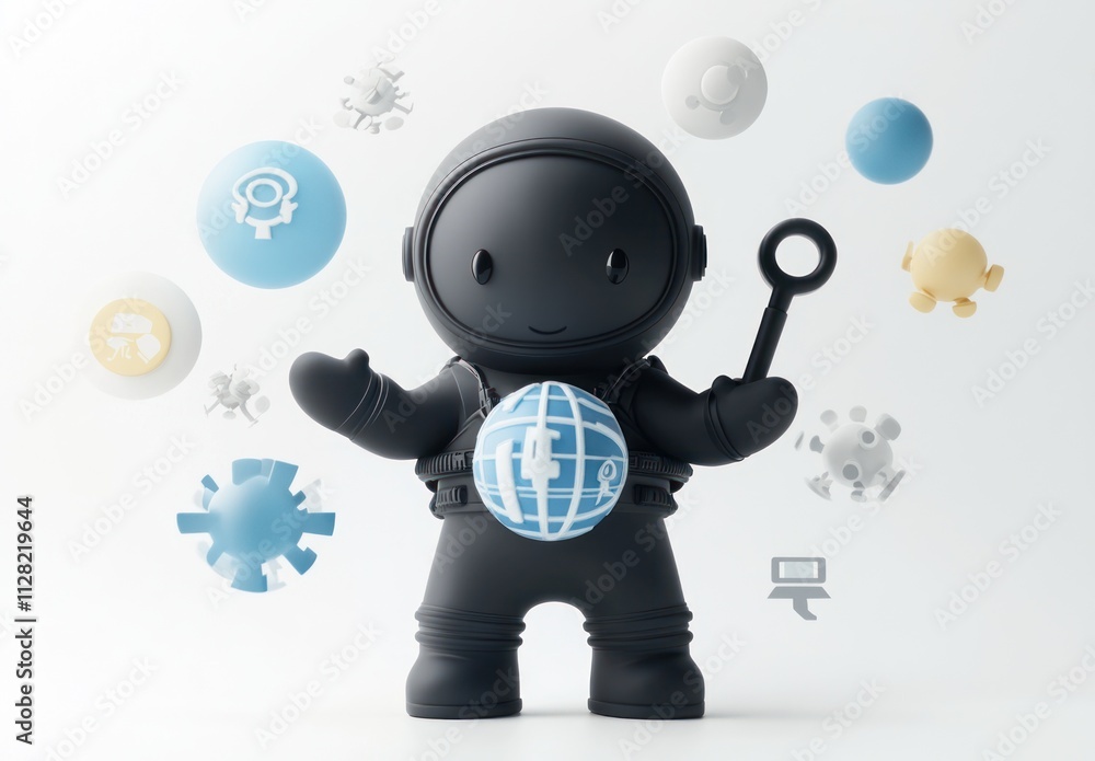 Aufkleber a stylized astronaut figure surrounded by various icons representing technology and communication.