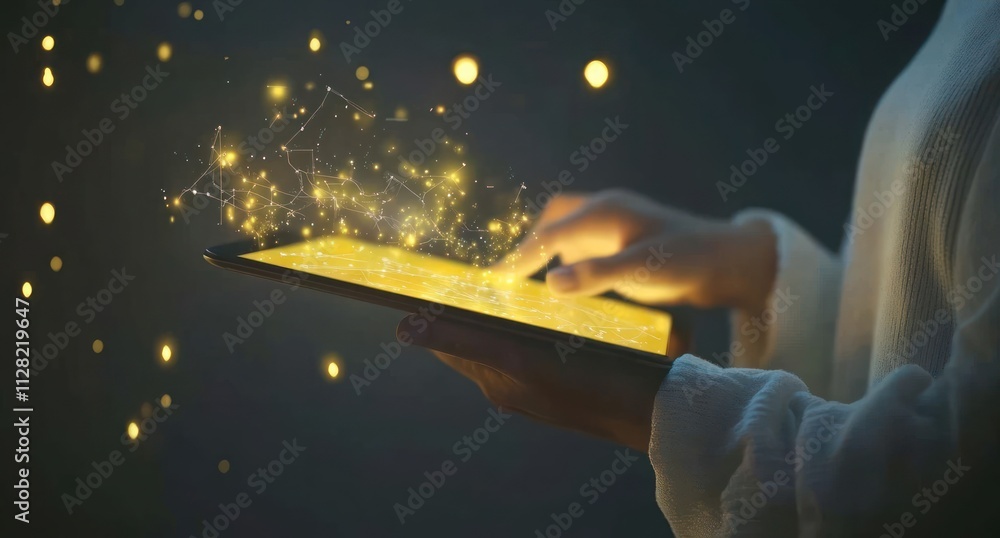 Aufkleber a person interacting with a glowing tablet, surrounded by shimmering particles.