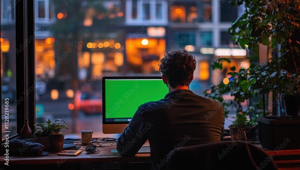 Aufkleber a person working at a computer with a green screen, viewed from a cozy café window.