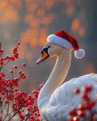 Fototapeta premium Christmas Morning Delight White Swan in Santa Hat by Misty Lake with Red Berries Nature Scene