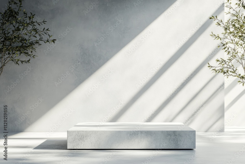 Aufkleber minimalist interior with a raised platform and natural light creating a serene atmosphere.