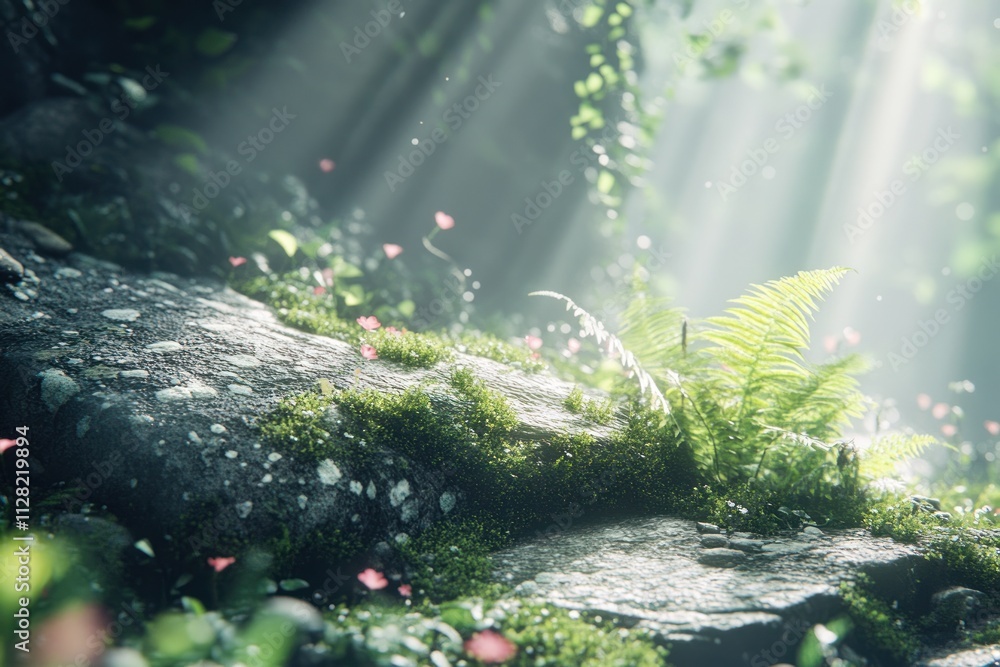 Poster a serene forest scene with sunlight filtering through trees, illuminating moss and ferns.