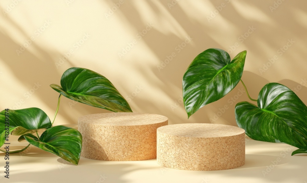 Poster two cylindrical objects surrounded by lush green leaves on a soft beige background.