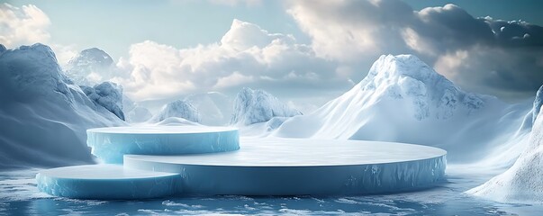 Ice podium background snow winter product platform cold mountain 3D. Podium ice display background cosmetic sky floor blue scene landscape frozen white cool stand pedestal minimal rock glacier nature.
