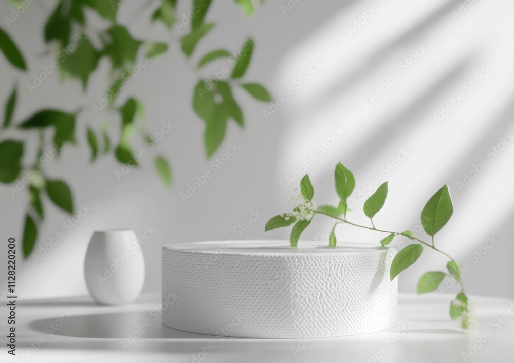 Poster A minimalist arrangement with a textured white object and green foliage in soft lighting.