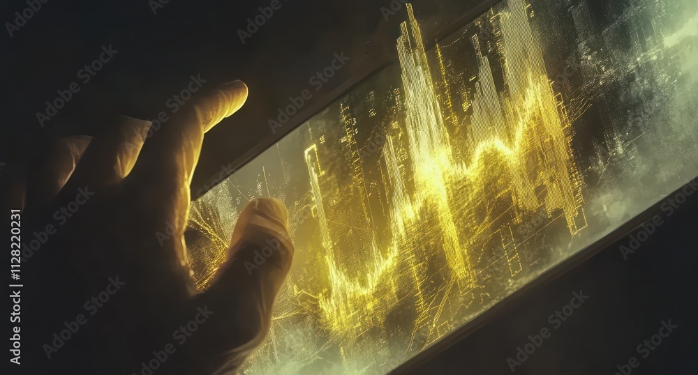 Fototapete A hand interacts with a glowing screen displaying wave patterns and data visualization.
