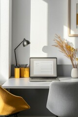 A clean, modern desk setup with accessories in grey and yellow, emphasizing a productive atmosphere. Minimalist style 