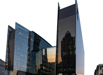 Johannesburg city skyscrapers isolated on white transparent sky, high rise office business buldings...