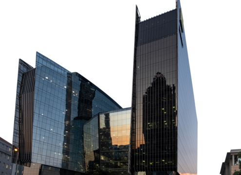 Johannesburg city skyscrapers isolated on white transparent sky, high rise office business buldings under view. South Africa