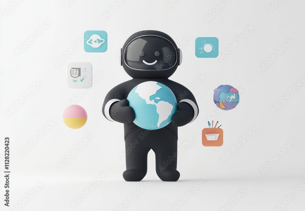 Leinwandbilder a cheerful astronaut character holding a globe, surrounded by icons representing various concepts.