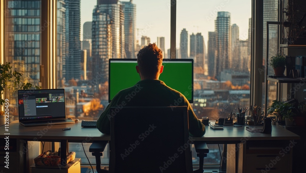 Aufkleber a person working at a desk with a computer, overlooking a city skyline at sunset.