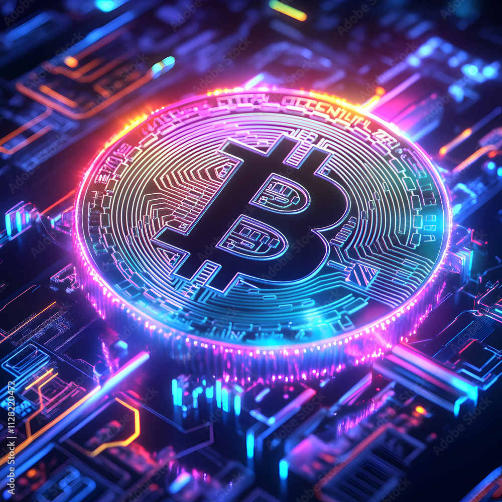 Poster glowing bitcoin token displayed in a digital environment for cryptocurrency enthusiasts
