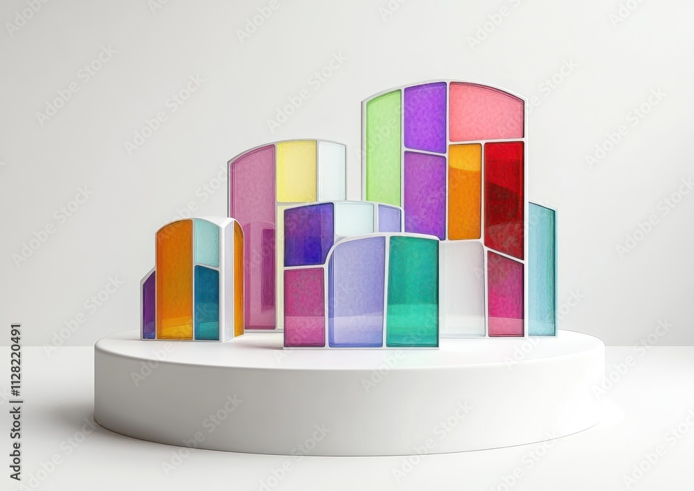 Aufkleber colorful abstract sculpture made of translucent panels arranged in a playful composition.