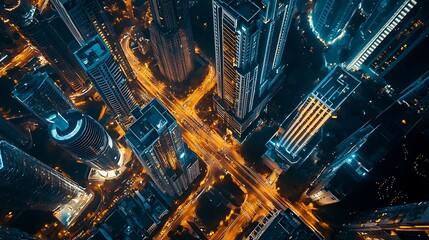 Obraz premium Aerial View of Skyscrapers with City Crossroads Night Background for Dynamic energy Concept of modern metropolis.