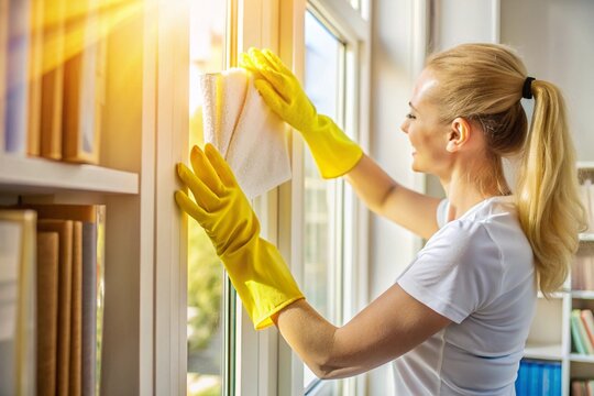 A woman is cleaning a window with a yellow cloth