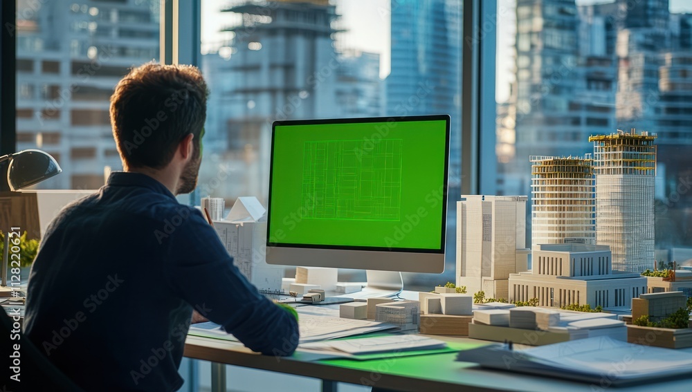 Poster A professional working on architectural designs with a model and computer in an urban setting.