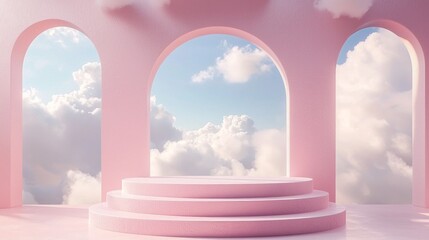 Bright pink podium rests beneath arches, blending harmoniously with fluffy clouds and blue skies. Ideal for events that inspire creativity and tranquility, this space invites imagination