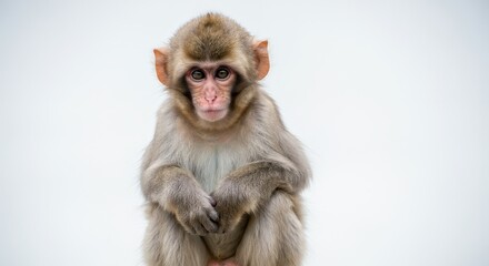 Fototapeta premium Baby macaque portrait with expressive eyes on clean white background