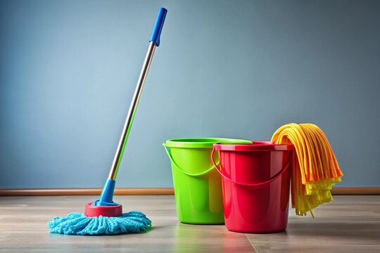 A green bucket with a blue mop and a red mop handle