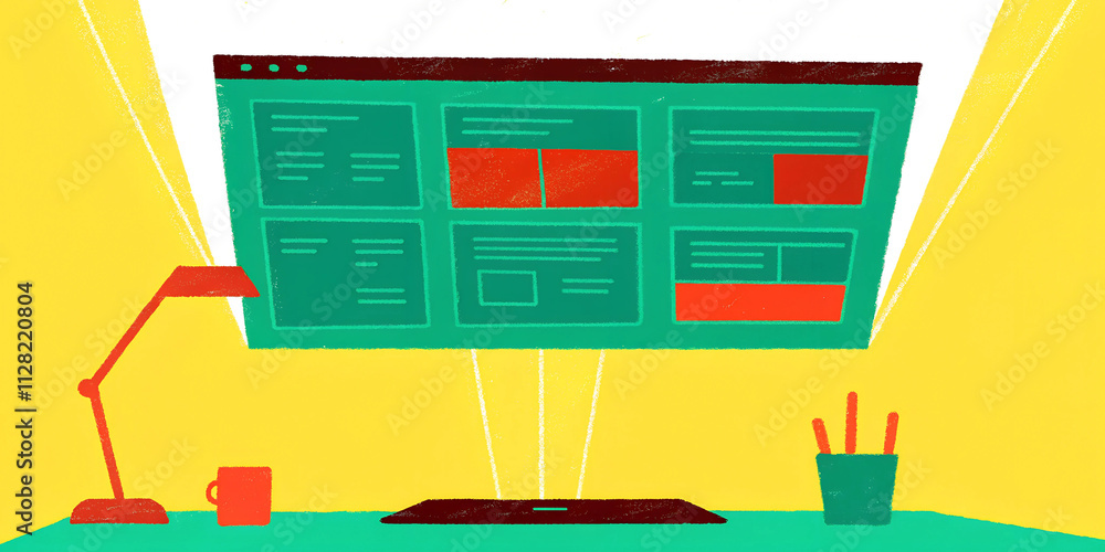 Poster colorful workspace with large screen displaying digital interface