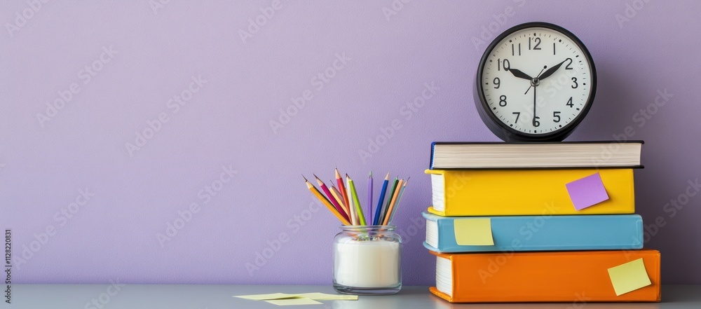 Poster a study setup with books, a clock, and colorful pencils for learning or organizing tasks.