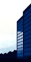 Obraz premium Modern High Rise Building Against Clear Sky with Tree Silhouette in Foreground