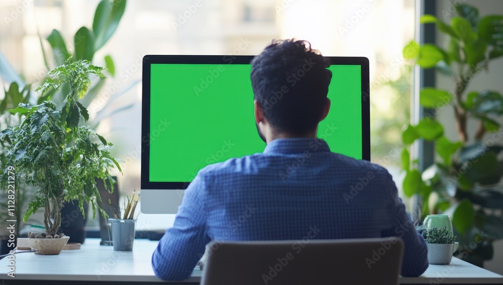 Poster A person seated at a desk facing a blank green screen computer monitor surrounded by plants.