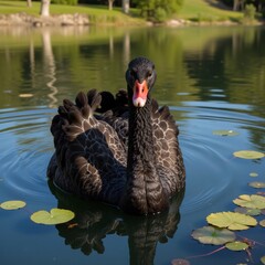 Majestic Black Swan Gracefully Gliding Across Serene Lake