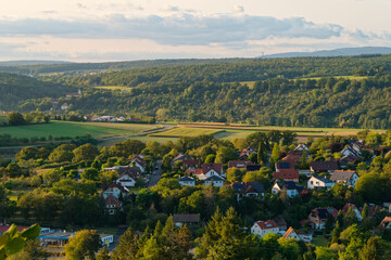 Blick vom NSG Haarberg über den Markt Euerdorf in die Rhön, Landkreis Bad Kissingen,...