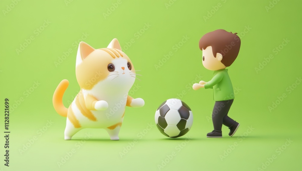 Poster a playful scene featuring a cat and a child playing soccer together.