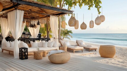 A seaside retreat with bamboo roof with delicate lace edges, wooden floor surrounded by sun loungers and outdoor seating covered with white curtains