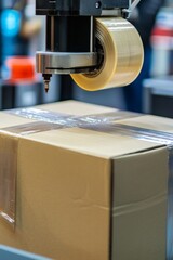 A close-up of a box being sealed by an automated machine, with packing tape stretching across the top