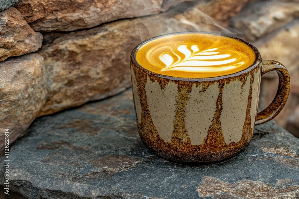 Poster a beautifully crafted latte art in a rustic mug, resting on a stone surface.