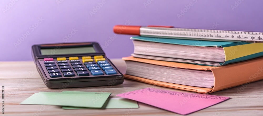Poster A calculator and colorful books with notes, suggesting study or organization.