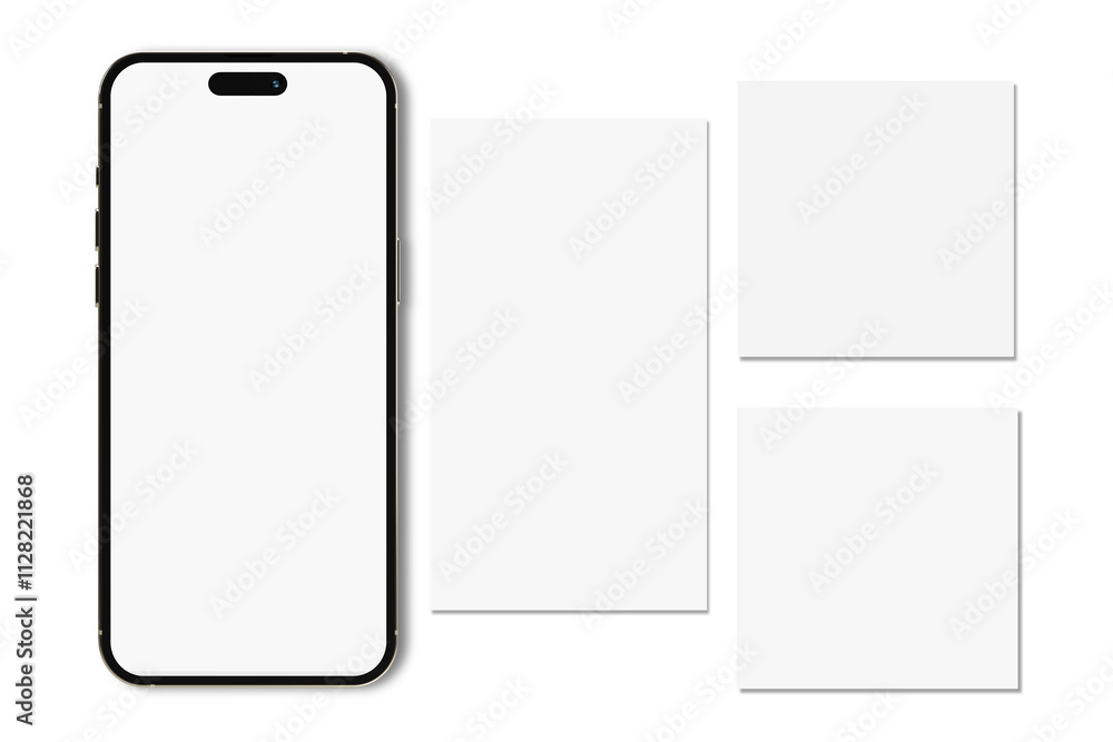 Wall mural smartphone mockup with social media post and stories interface mockup. social media mobile app page 